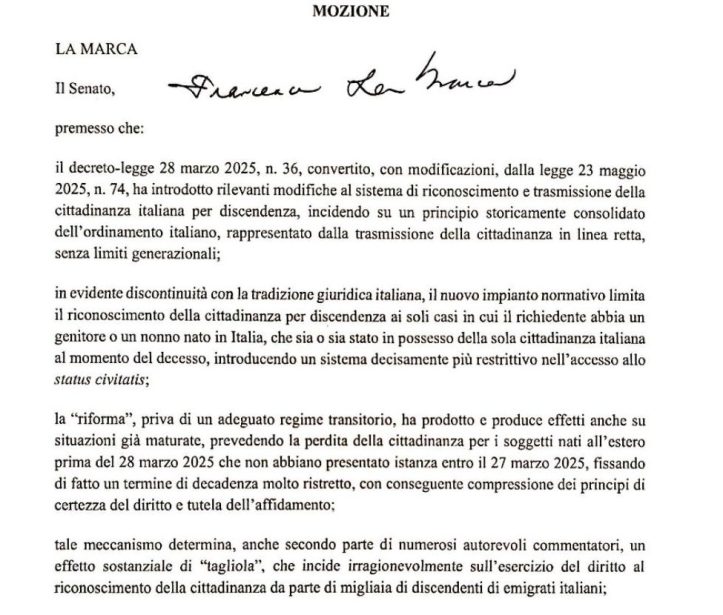 La Marca (PD) presenta una mozione per ampliare i criteri di trasmissione della cittadinanza per discendenza 