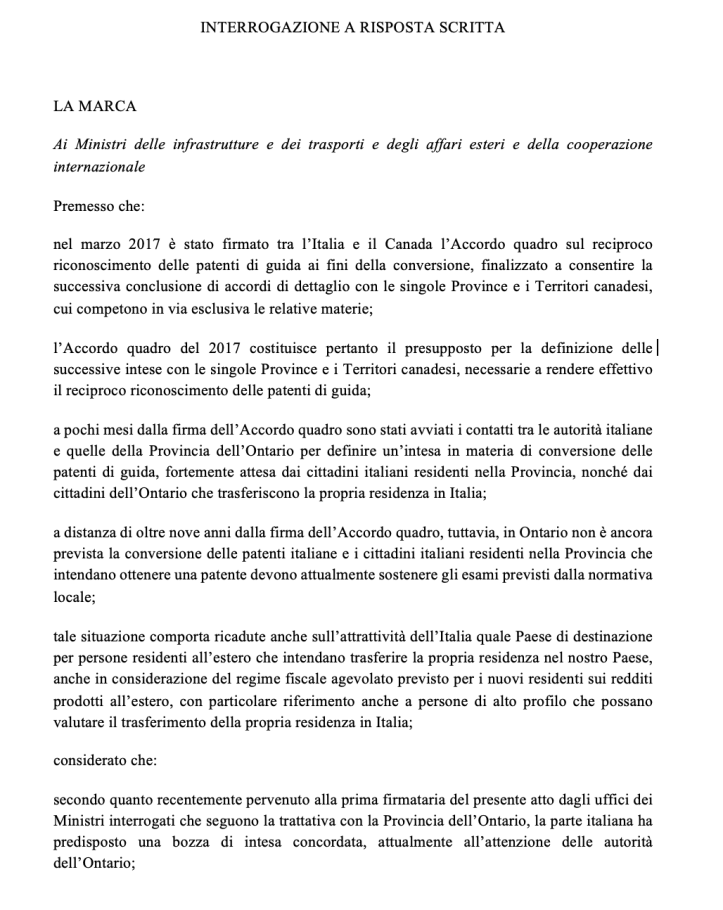 La Marca (PD) interroga nuovamente i Ministri sull’accordo reciproco sulle patenti di guida Italia-Ontario
